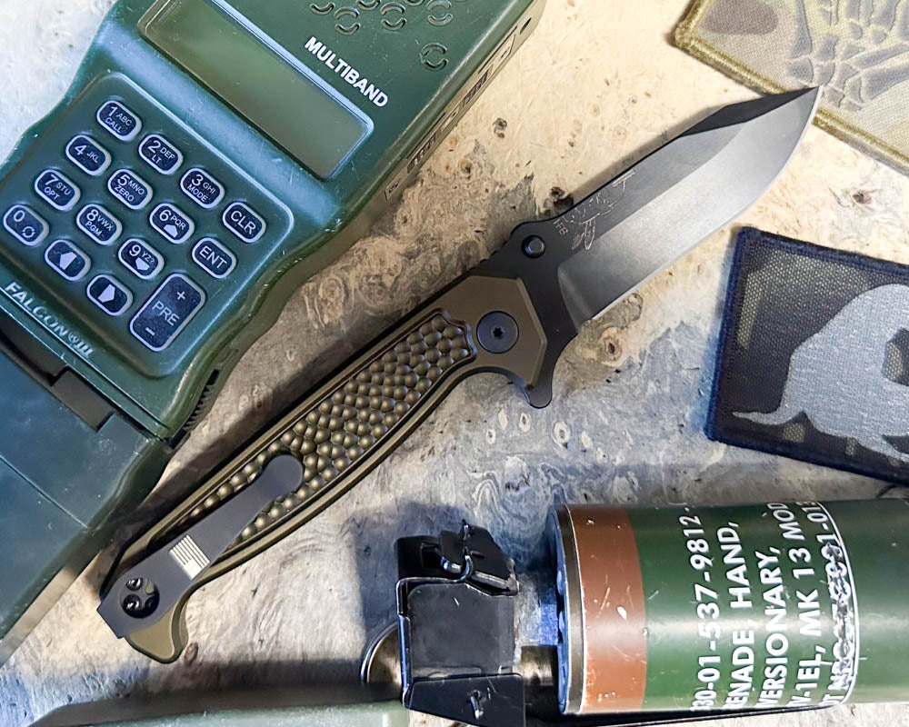 Disaster Folder, Anodized OD green handle, nitride black blade, dimpled Grip, deep carry pocket clip