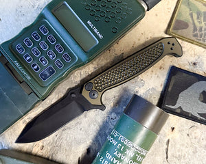 Disaster Folder, Anodized OD green handle, nitride black blade, dimpled Grip, deep carry pocket clip