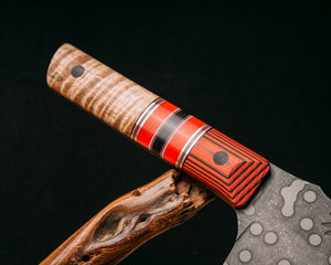 Nakiri - red and black layered G10, black G10/ copper/ red G10/ and grey G10 split, curly maple, CF pins, smooth grip