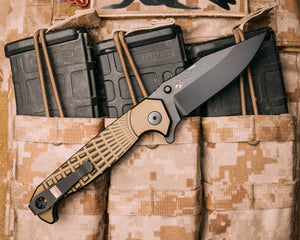 Crow Folder- Anodized OD green handle, black nitride blade, grenade stippled Grip, deep carry pocket clip