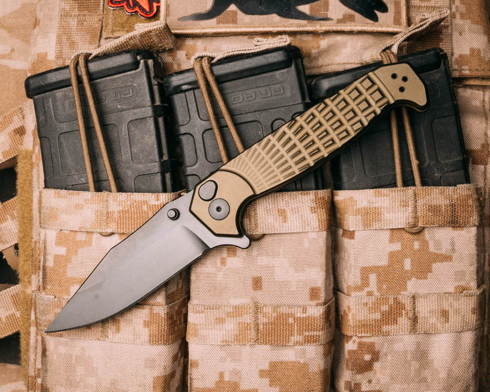 Crow Folder- Anodized OD green handle, black nitride blade, grenade stippled Grip, deep carry pocket clip