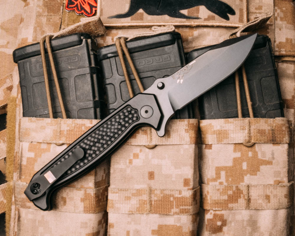 Disaster Folder, Anodized black handle, black nitride frame, dimpled Grip, deep carry pocket clip