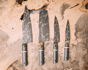 Chef Set- Buckeye burl, black G10, brass and white G10 split, charcoal G10, CF pins, smooth grip