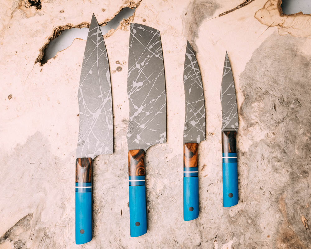 Chef Set- Desert Ironwood, black G10 pin striping, blue and black layered G10, white G10 and brass split, blue G10, CF pins, smooth grip