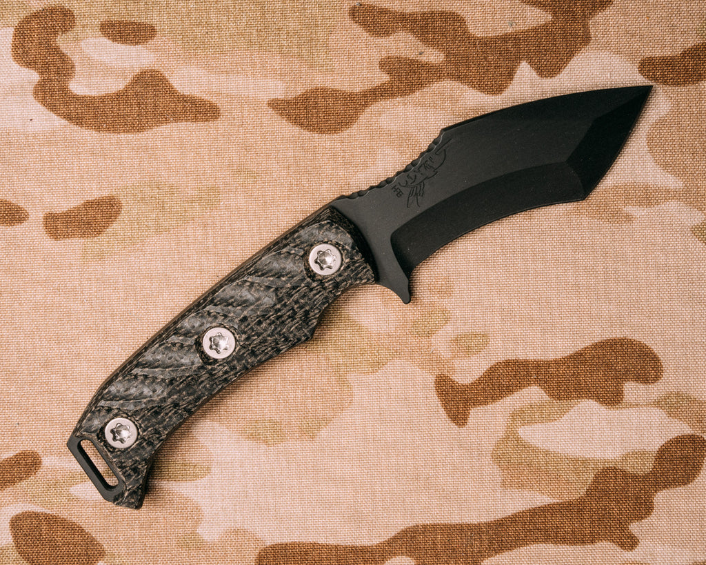 Buteo - Black burlap micarta, armor black cerakote, silver torx bolts, iron grip, open tang