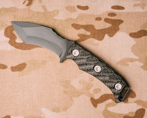 Buteo - Black burlap micarta, armor black cerakote, silver torx bolts, iron grip, open tang