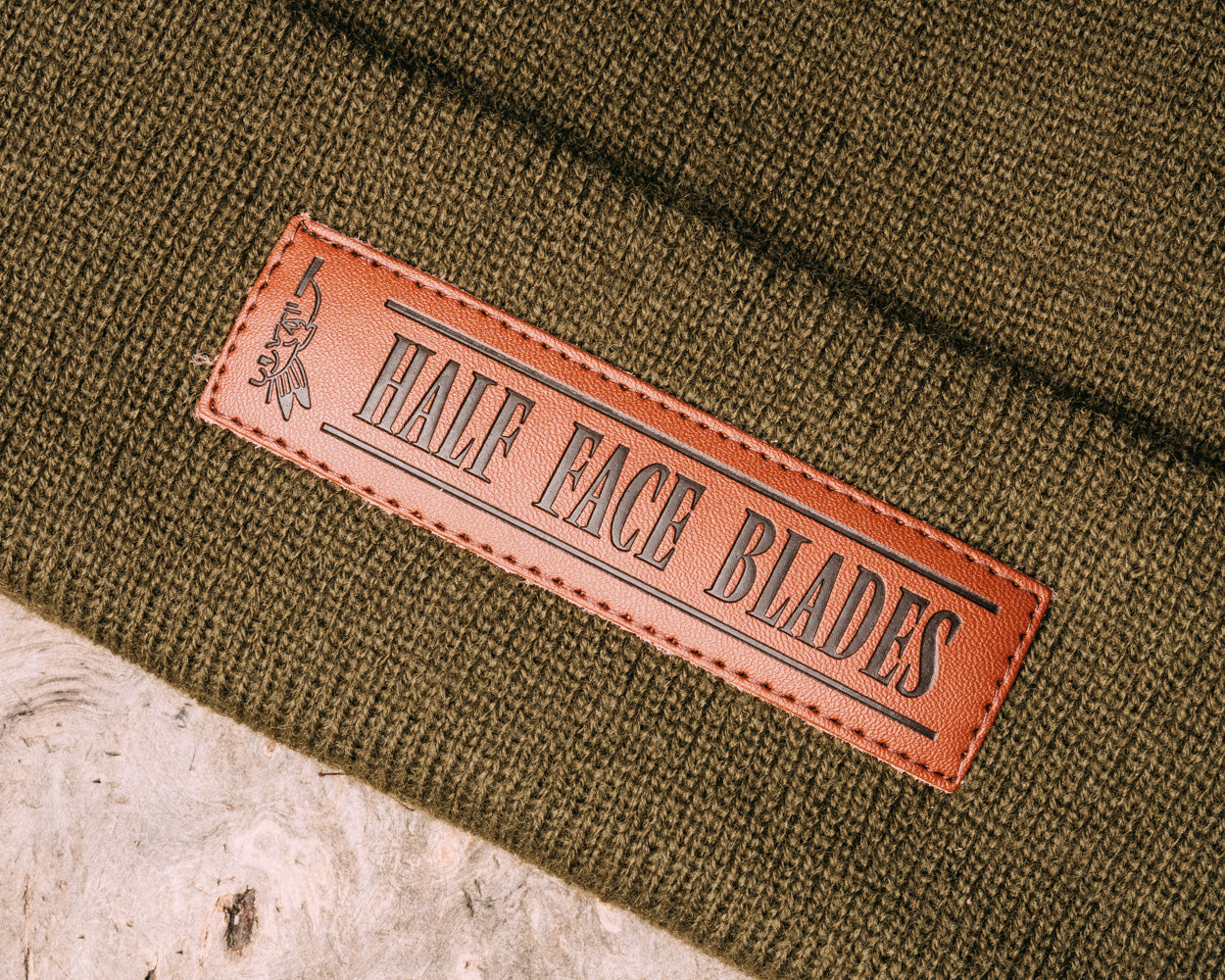 Half Face Blades Leather Patch Beanie OD Green