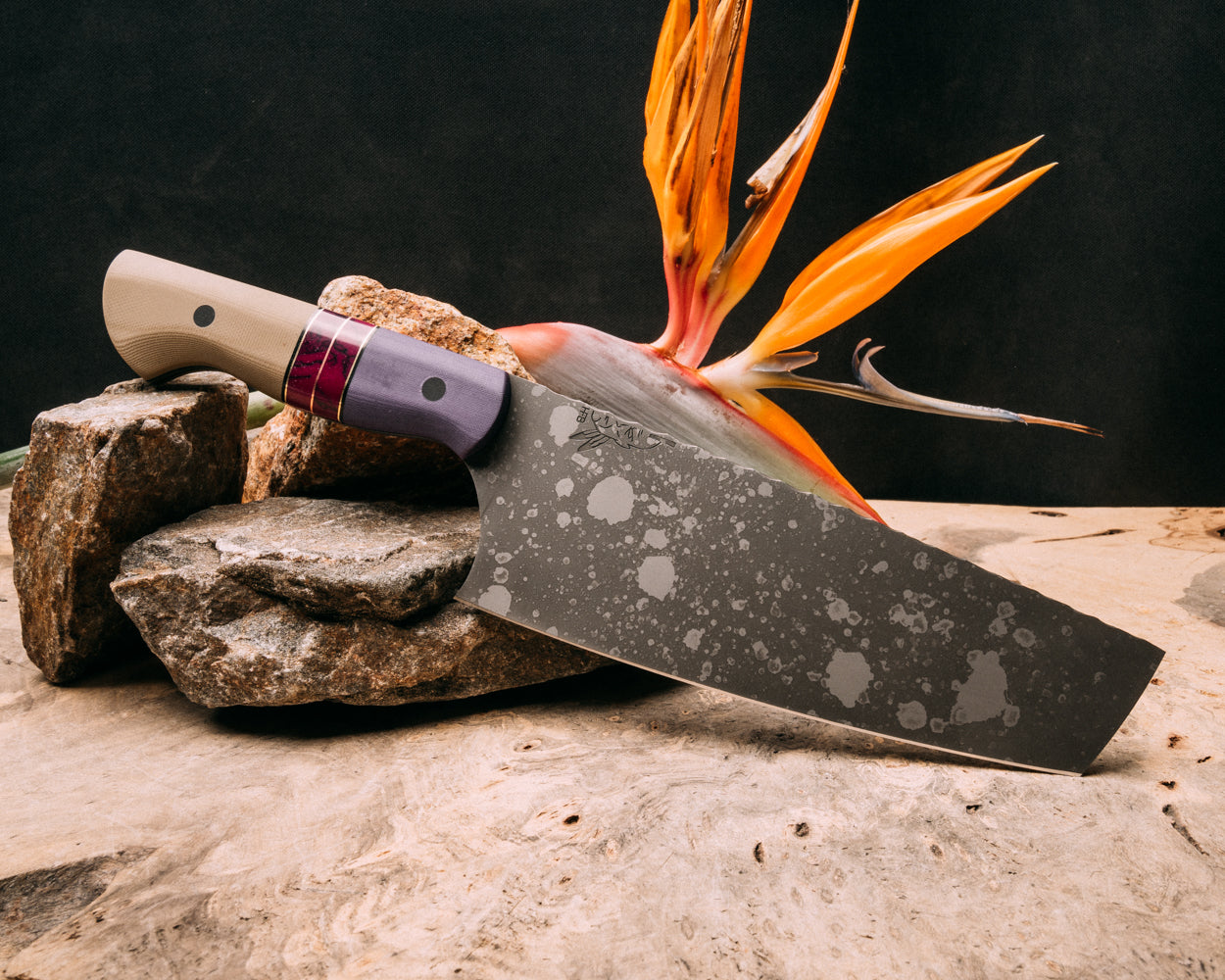 Chef Set- Purple linen micarta, black G10, brass and copper pin striping, Sugi Tru-stone split, coyote G10 CF pins, smooth grip