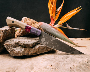 Chef Set- Purple linen micarta, black G10, brass and copper pin striping, Sugi Tru-stone split, coyote G10 CF pins, smooth grip