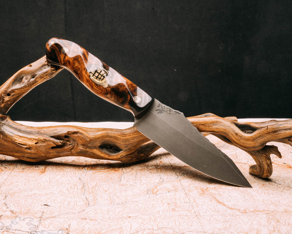 Field knife- desert Ironwood with enamel grenade inlay, mosaic pins, 1/8" mosaic pin, textured grip