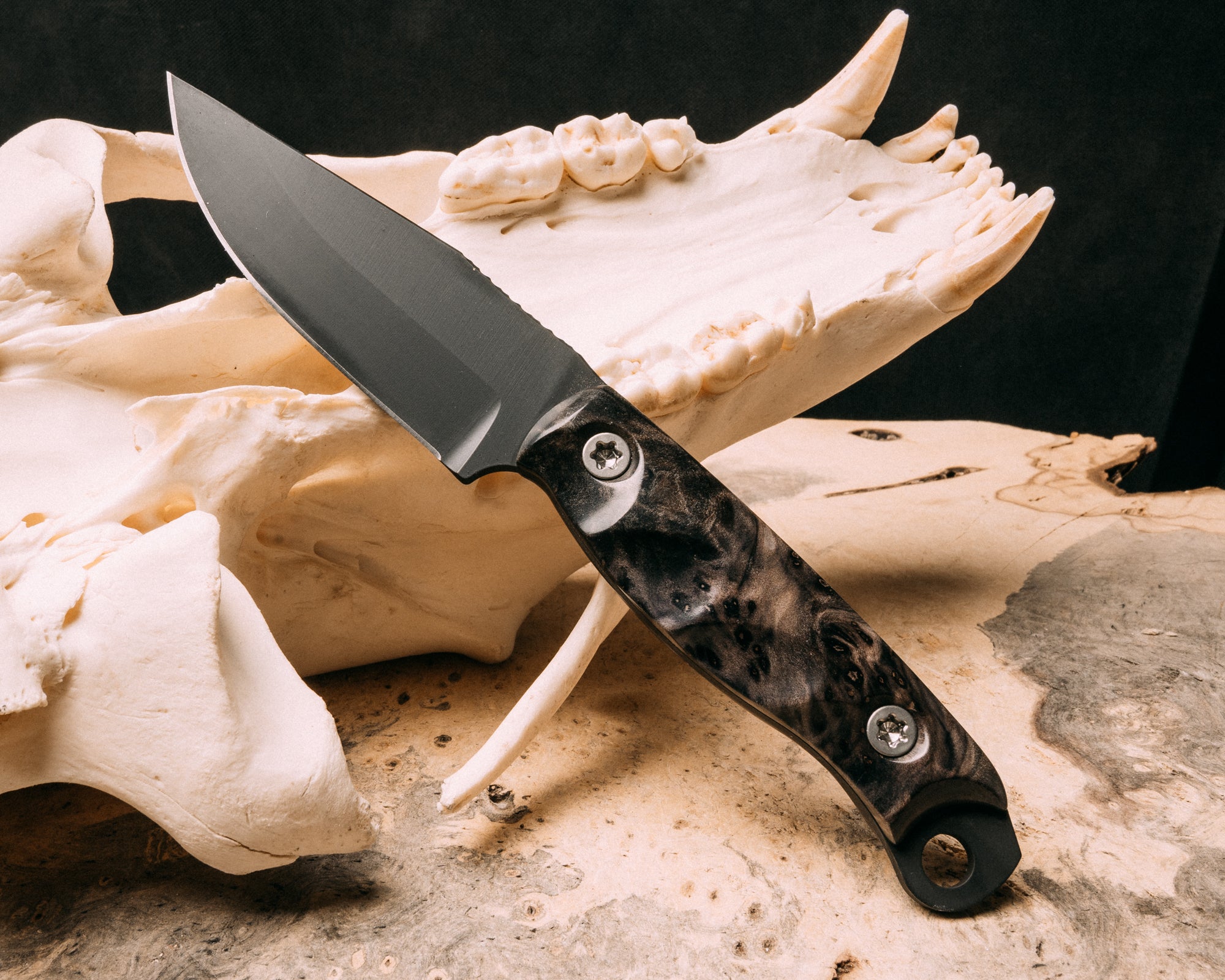 Crow Jr- Dyed Redwood burl, Armor Black cerakore, titanium torx bolts, smooth grip