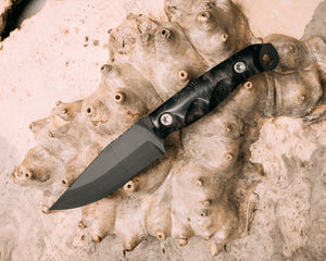 Crow Jr- dyed Redwood burl, Armor Black cerakore, titanium torx bolts, grooved grip