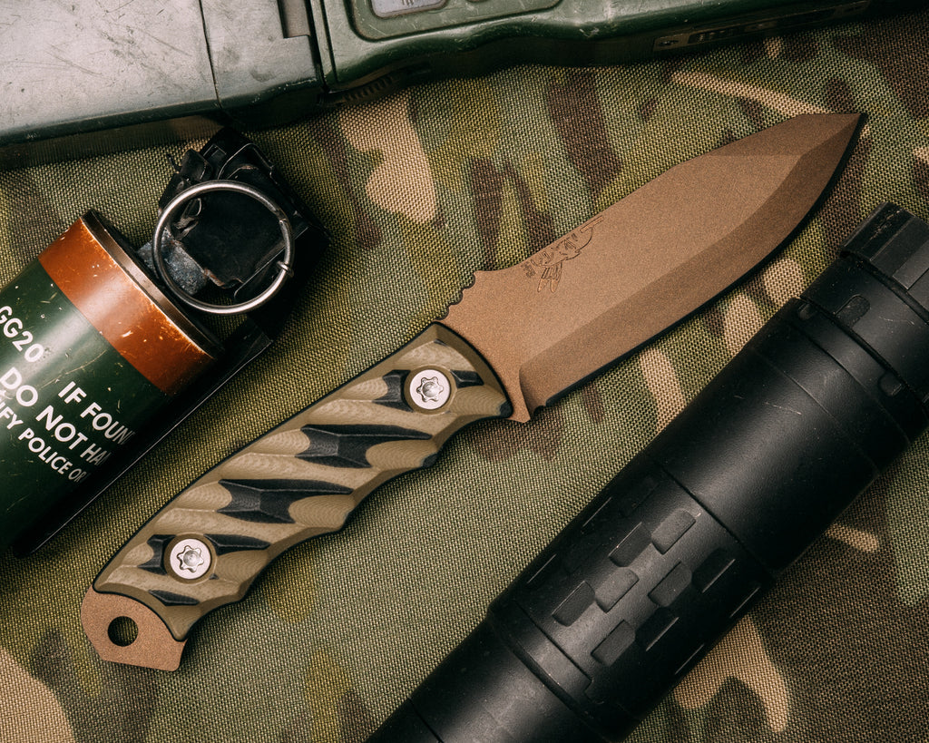 Disaster Jr- OD green and black G10, Midnight Bronze cerakote, Titanium torx bolts, iron grip