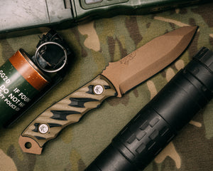 Disaster Jr- OD green and black G10, Midnight Bronze cerakote, Titanium torx bolts, iron grip