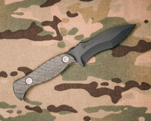 Extremis MK1- Charcoal Grey G10 with ruby G10 liner, Sniper grey cerakote, Ti allen bolts, hollow lanyard hole, iron grip