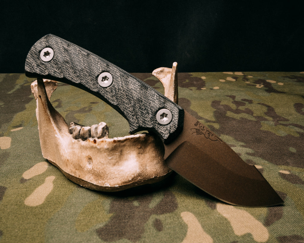 Beef Harpoon Back Country- Black Canvas Micarta, Midnight Bronze cerakote, titanium torx bolts, iron grip