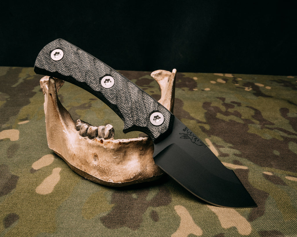 Beef Harpoon Back Country- Black Canvas Micarta, Armor Black cerakote, titanium torx bolts, iron grip