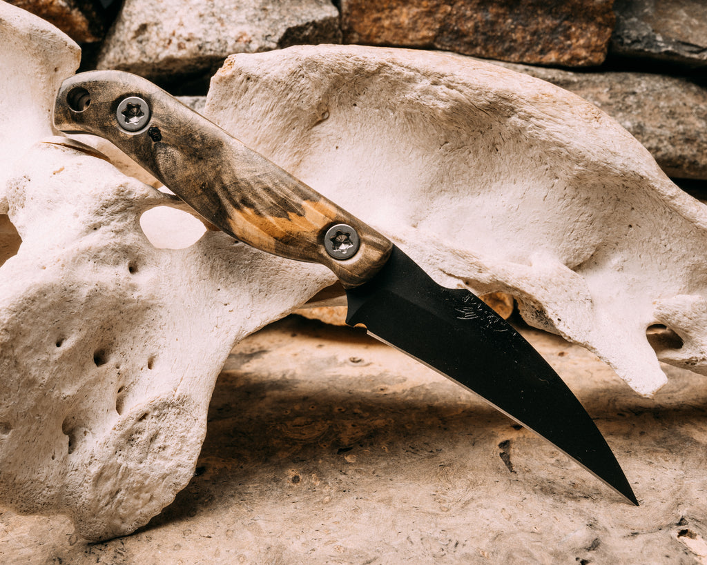 Gula Gula- Buckeye Burl, Armor Black cerakote, titanium torx bolts, smooth grip, smooth grip