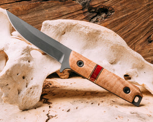 Kwaiken FC - Curly Maple, bronze and black G10 pin striping, red with gold web Tru-stone split, Curly Maple, Sniper grey cerakote, allen bolts, smooth grip