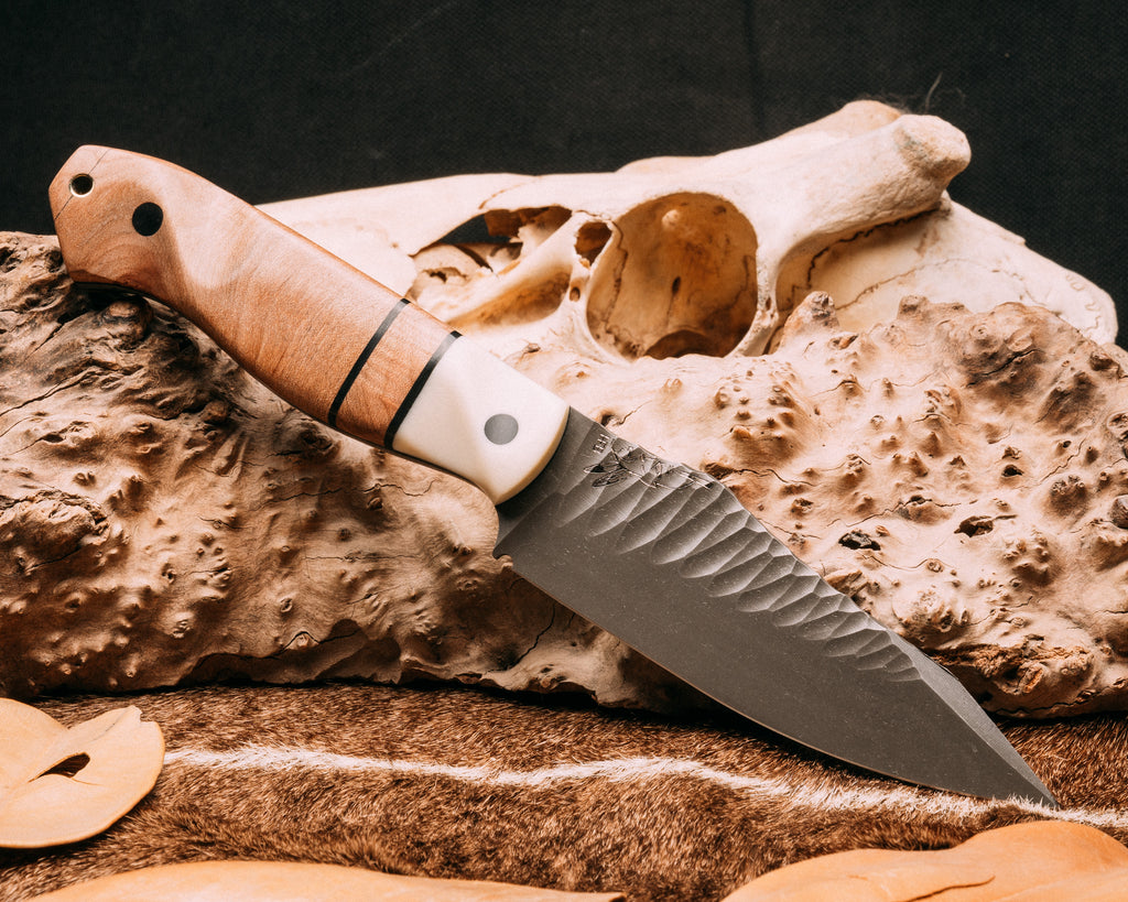 Field knife - White G10, black G10 pin striping,  maple split, maple, CF pins, brass lanyard pin, contoured grip