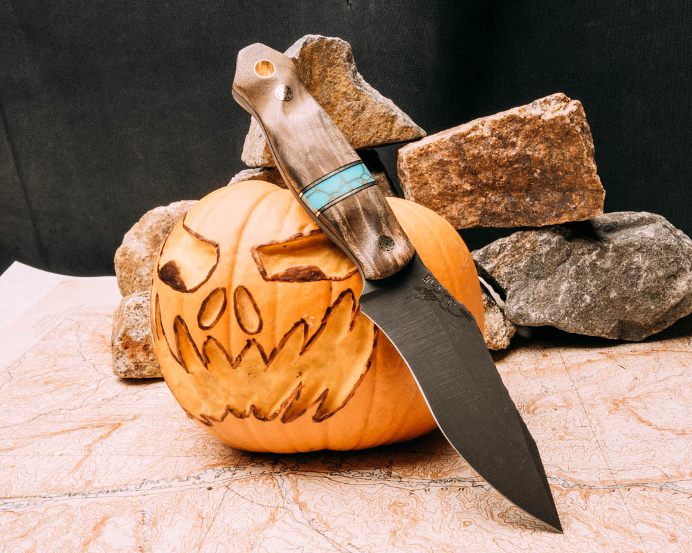 Modified Field Knife- Maple, black G10 and brass pin striping, turquoise with gold web Tru-stone split, mosaic pins, brass lanyard pin, contoured grip