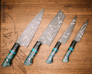 Chef Set- Black G10, brass and black G10 pin striping, turquoise with black matrix Tru-stone split, dyed Buckeye, CF pin, brass pin, smooth grip