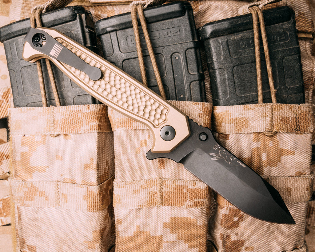 Disaster Folder, Anodized FDE handle, nitride black blade, dimpled Grip, deep carry pocket clip