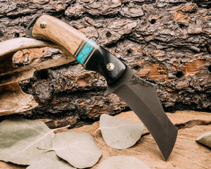 Vulture- Bison horn, black G10, brass and white G10 pin striping, turquoise with gold web Tru-stone split, Pheasantwood, mosaic pins, contoured grip