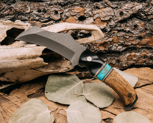 Vulture- Bison horn, black G10, brass and white G10 pin striping, turquoise with gold web Tru-stone split, Pheasantwood, mosaic pins, contoured grip