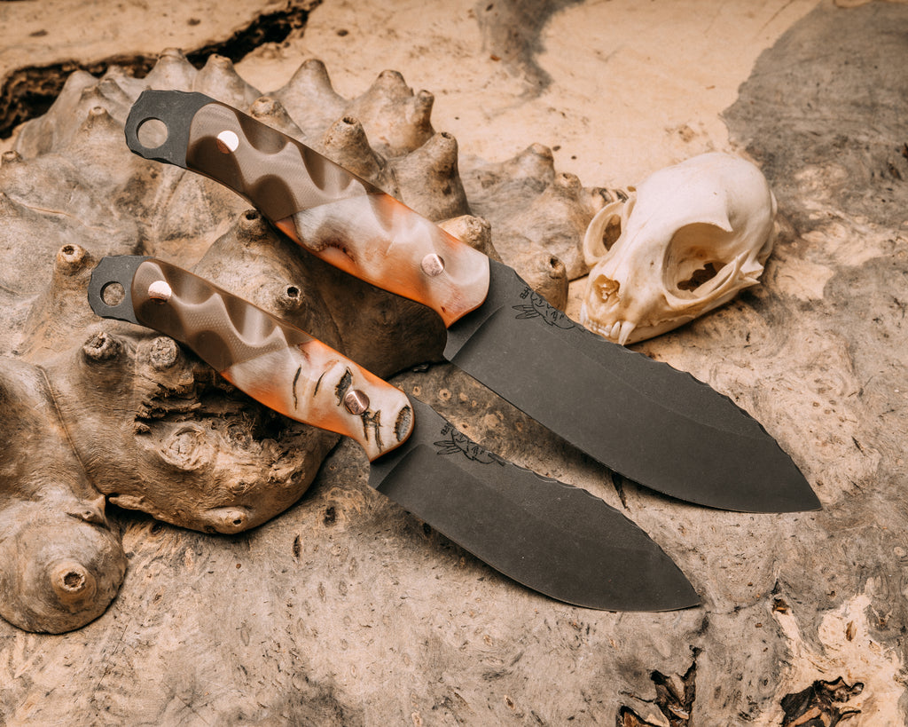 Hunter Skinner and Skinner Jr Set- Rams horn, desert tan G10, copper pins, textured grip