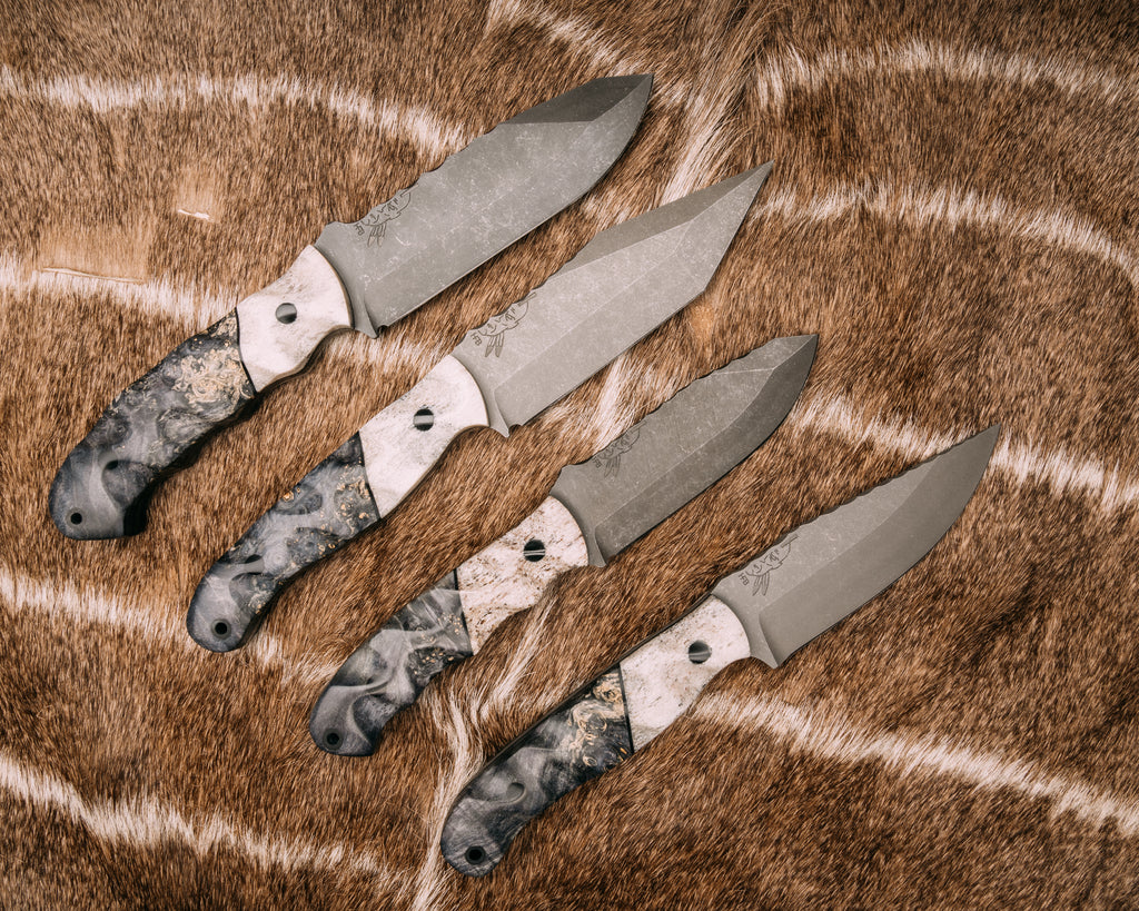 Crow Scout Tanto, Disaster Breacher, Crow Jr and Disaster Jr Set- CO Elk, black G10 split, dyed Buckeye, CF pins, textured grip