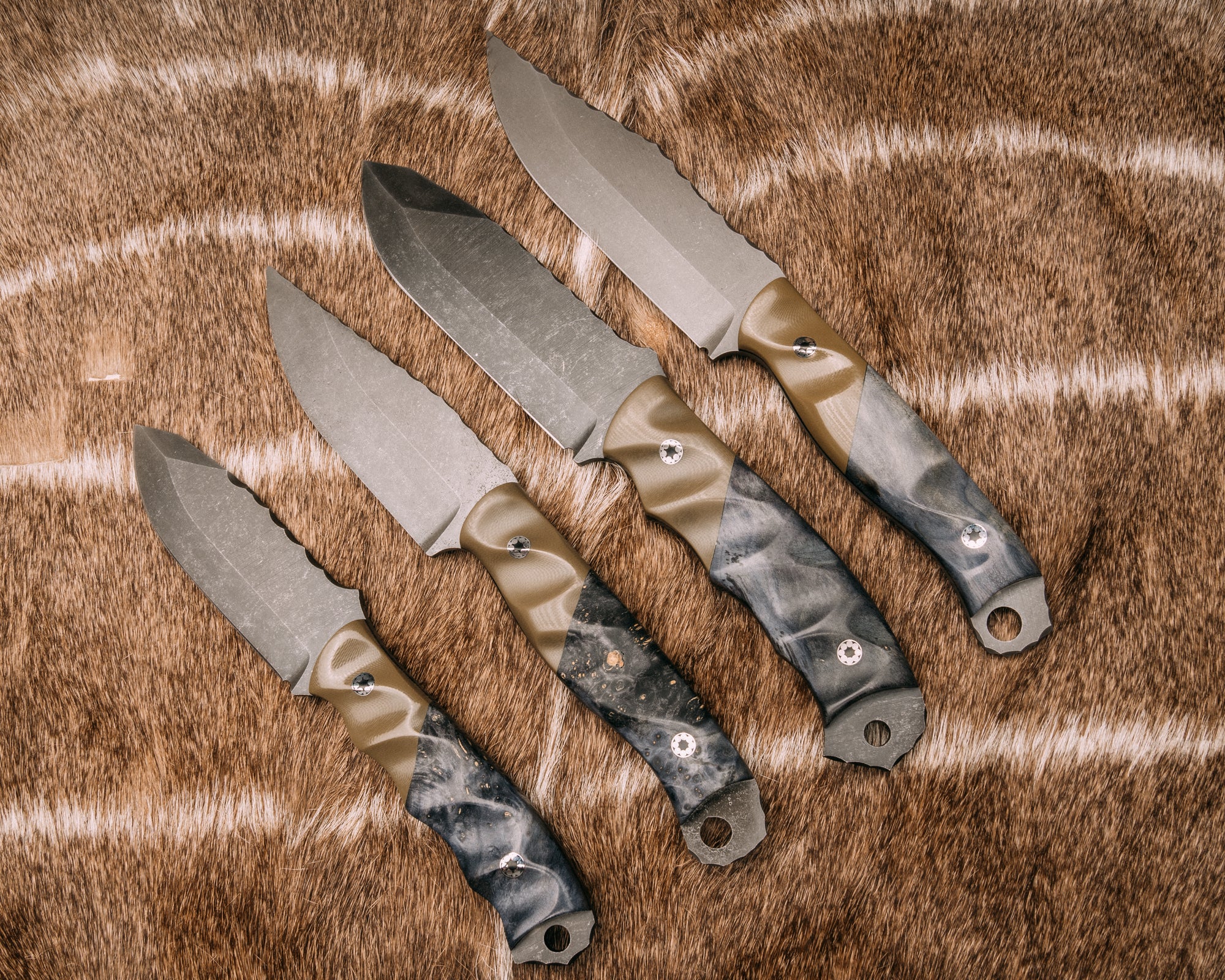 Crow Scout Tanto, Disaster Breacher, Crow Jr and Disaster Jr Set- OD green G10, black G10 split, dyed Buckeye, CF pins, textured grip