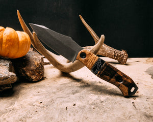 Field knife- Hawaiian Curly Koa, bronze and black G10 pin striping, black with white web Tru-stone split, Dyed Maple, allen bolts, smooth grip