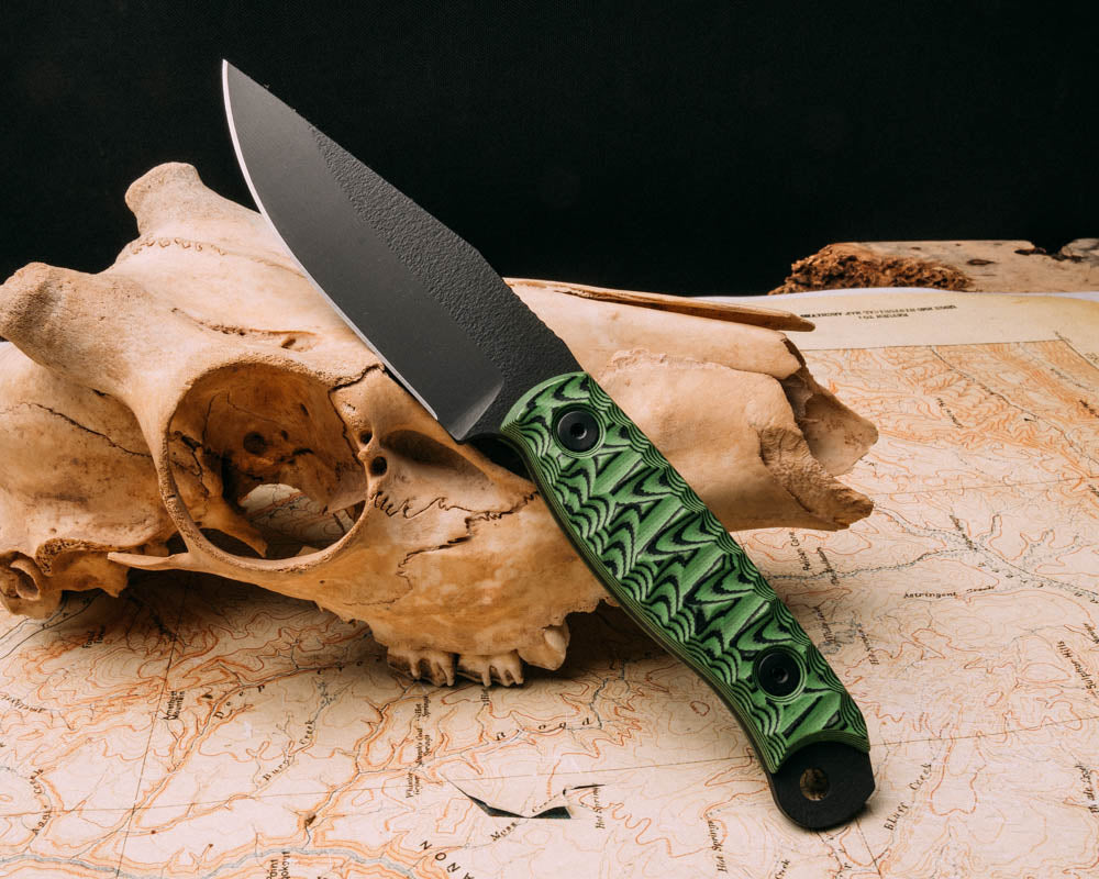 Crow Scalper- toxic green and black layered G10, armor black cerakote, allen bolts, chaos grip